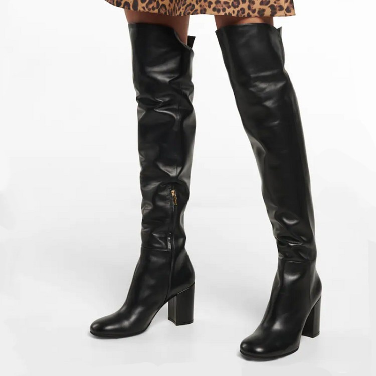 Women's Over-the-Knee High Heel Boots with Double Zipper and Metal Accents
