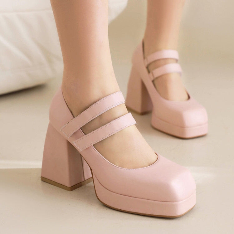 Lolita High Heel Square Toe Platform Shoes with Hook and Loop