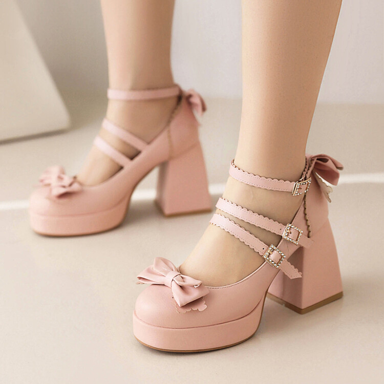 Lolita Mary Jane High Heel Shoes with Bow and Buckle Strap