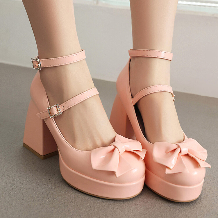 Lolita Mary Jane High Heel Shoes with Bow and Metal Decor