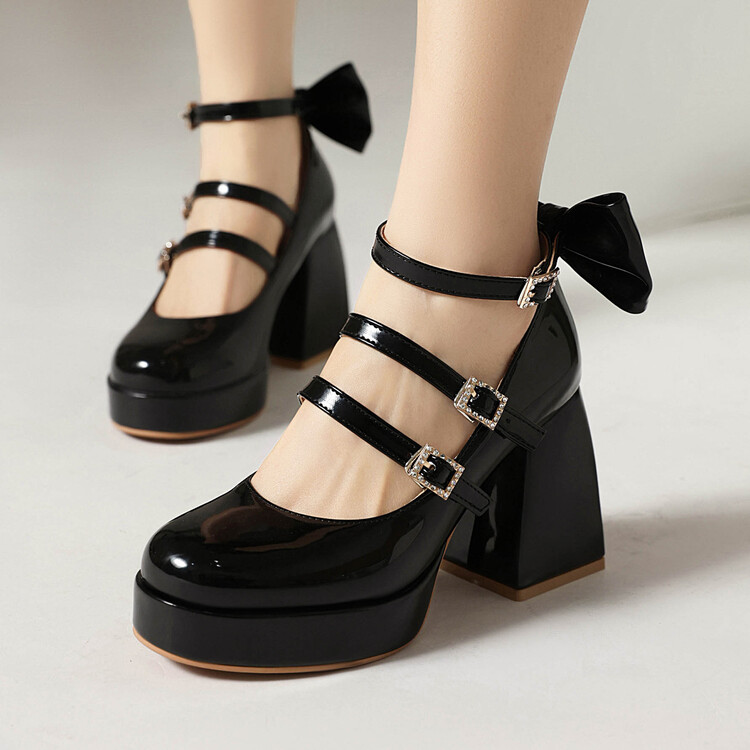 Lolita Mary Jane High Heel Pumps with Bow and Metal Accents