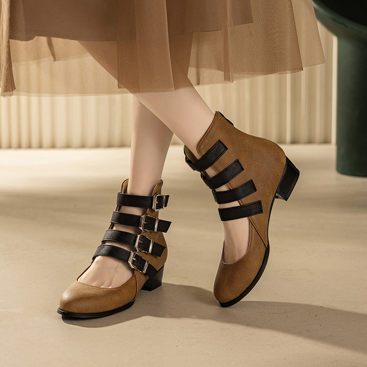 Roman Sandals Low Chunky Heel Round Toe Back Zip - Image 4