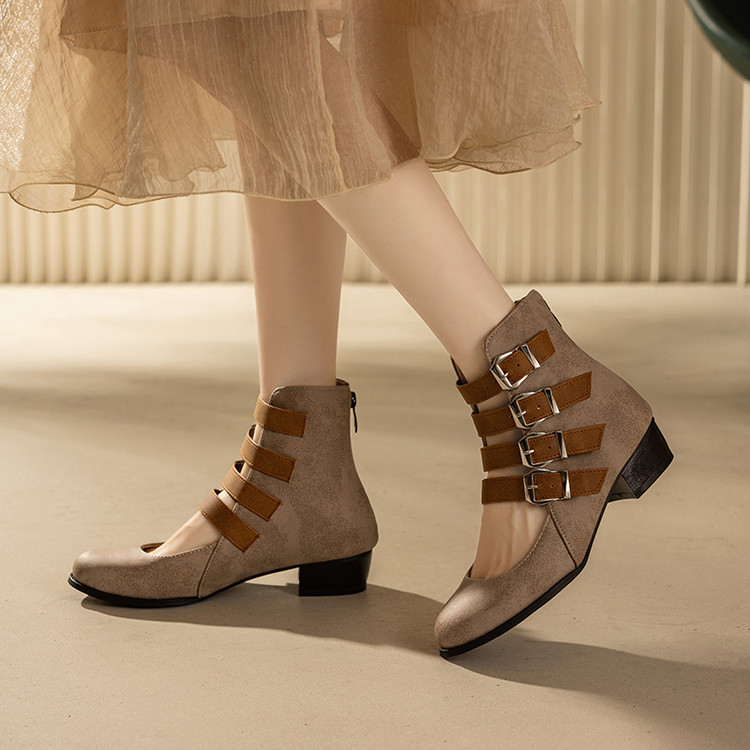 Roman Sandals Low Chunky Heel Round Toe Back Zip