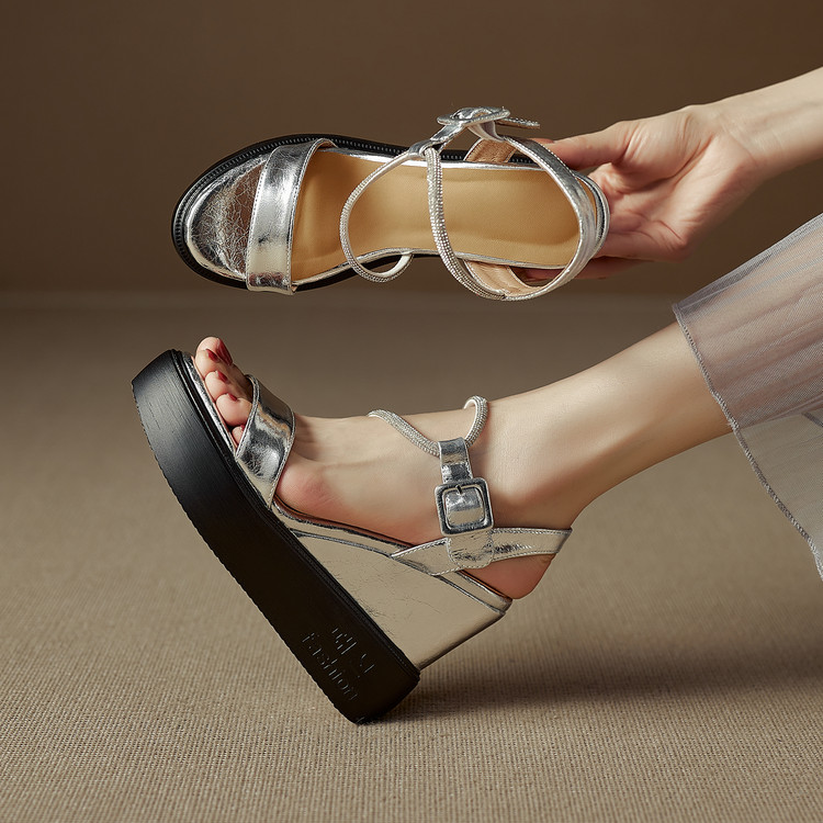 Women's One-Strap Sandals with Buckle, Sweet Style, Low-Top, Round Toe, Ultra-High Wedge Heel, Spring 2026